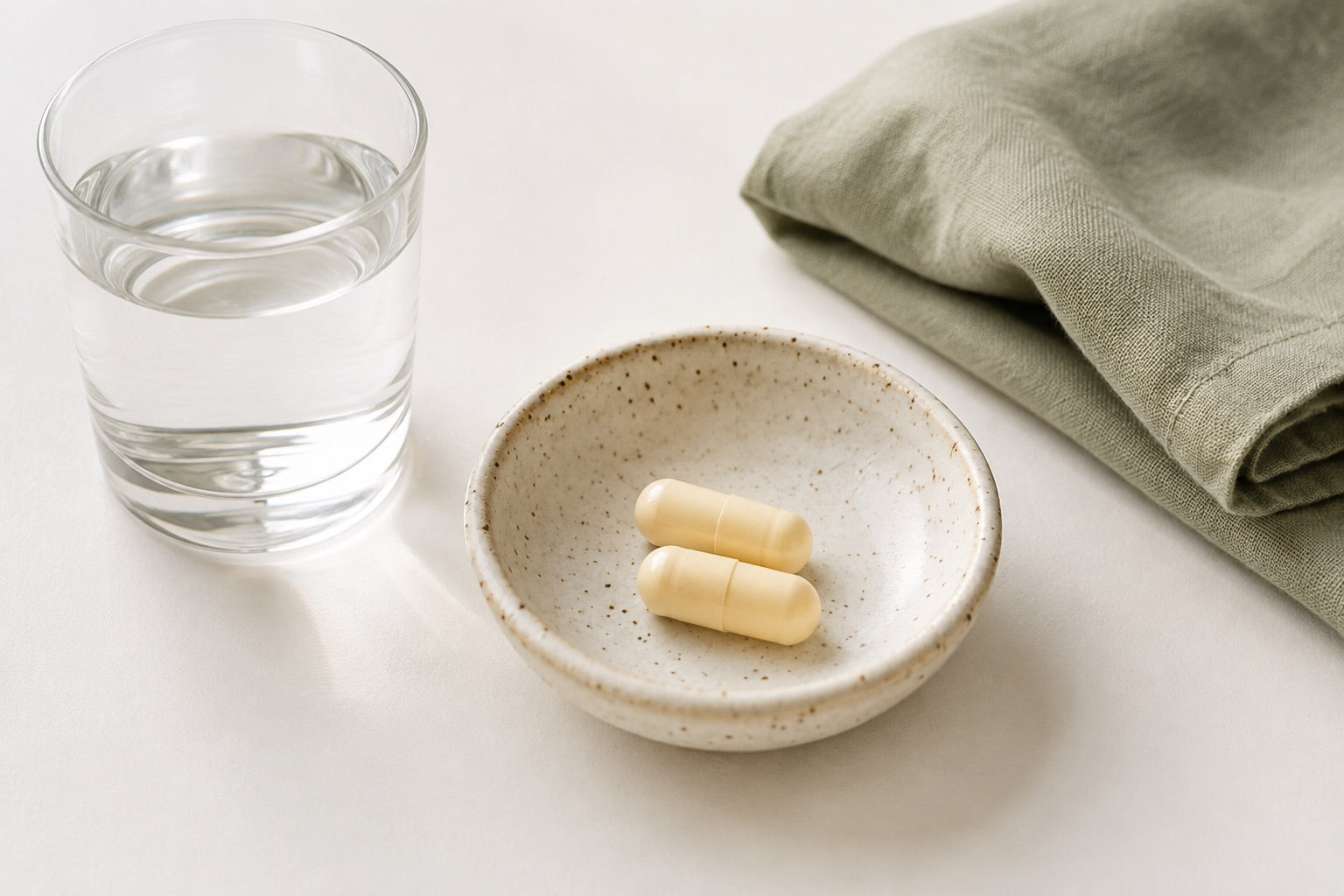 Two capsules ready to take with a glass of water